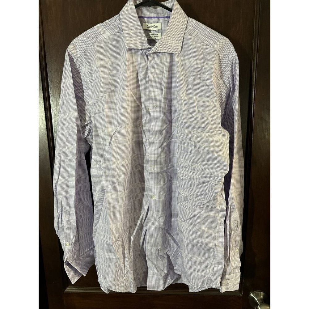 Men's Calvin Klein Performance Purple White Shirt Tag Size 16-1/2 34/35 Slim Fit